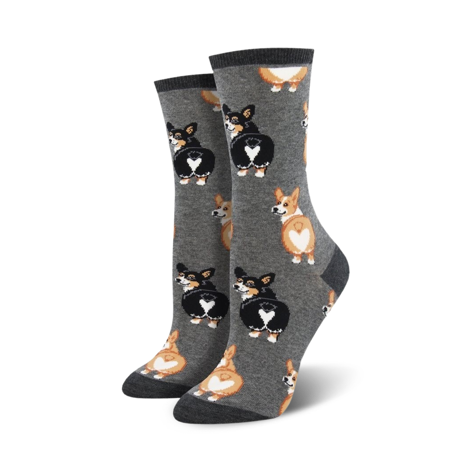 Lifestyle shot:  A person's feet showing off the gray Corgi Butt socks. 