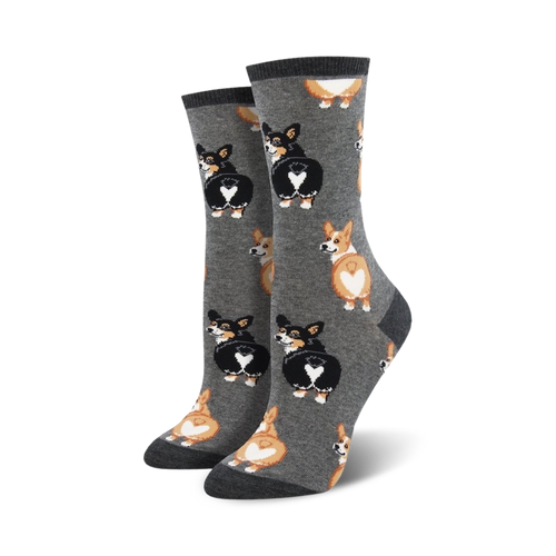Lifestyle shot:  A person's feet showing off the gray Corgi Butt socks. 