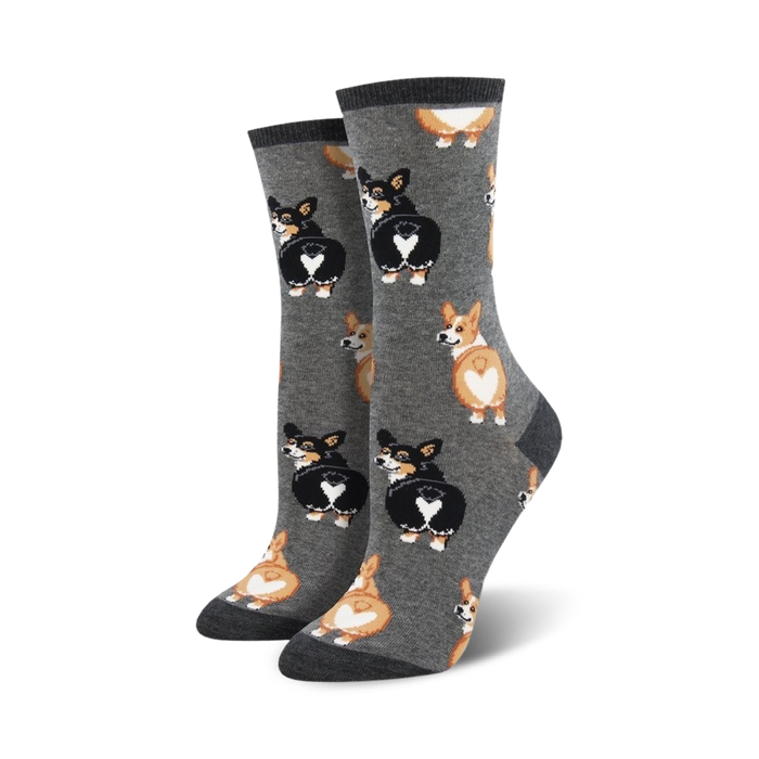 gray women's crew socks feature black and tan corgi butts with white paws and heart-shaped markings.  