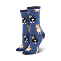 Flatlay image showing multiple pairs of Corgi Butt socks in pink, gray and blue.