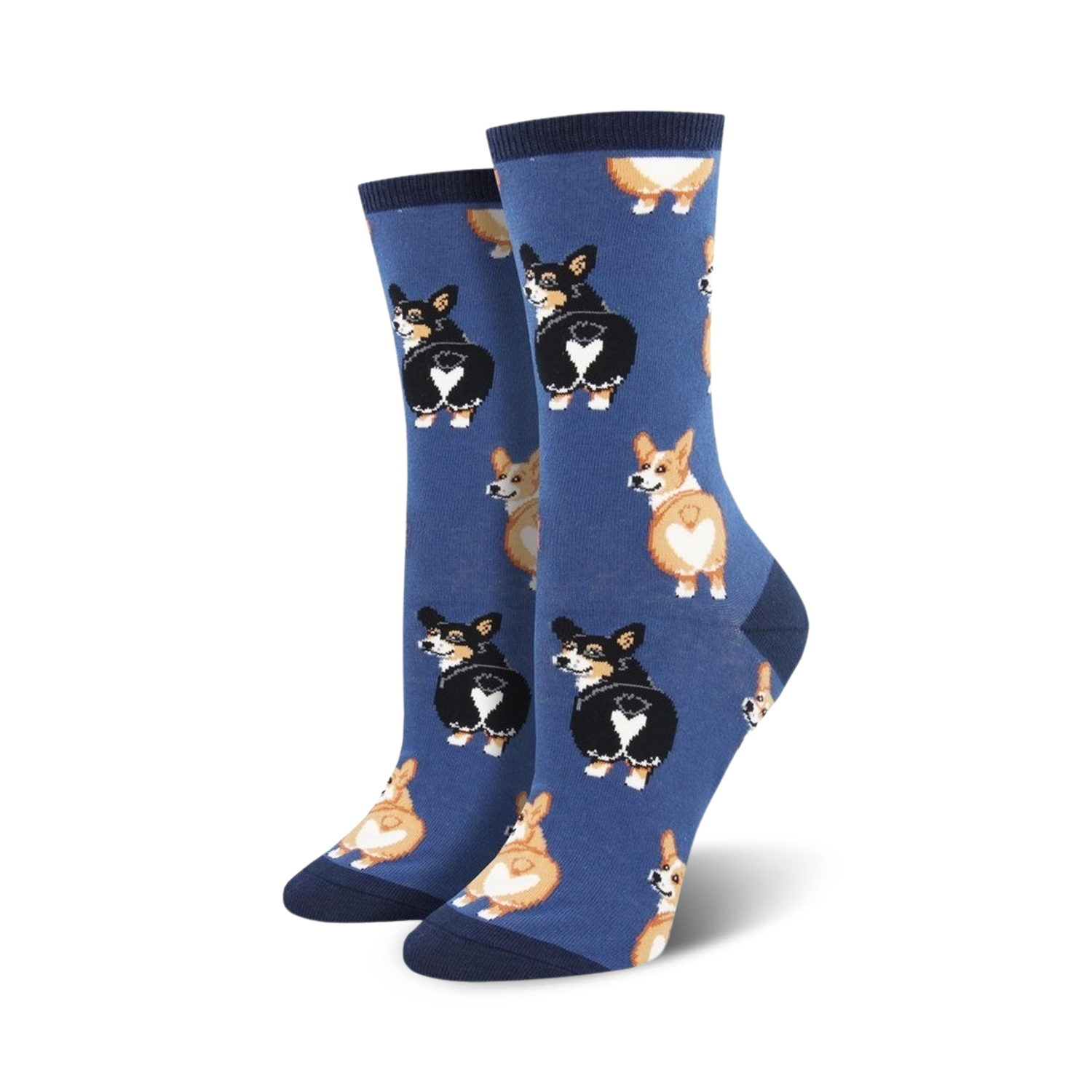 Flatlay image showing multiple pairs of Corgi Butt socks in pink, gray and blue.