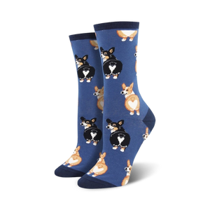 blue crew socks with cute pattern of facing corgi butts in black and tan colors. fun and unique dog-themed socks for women.  