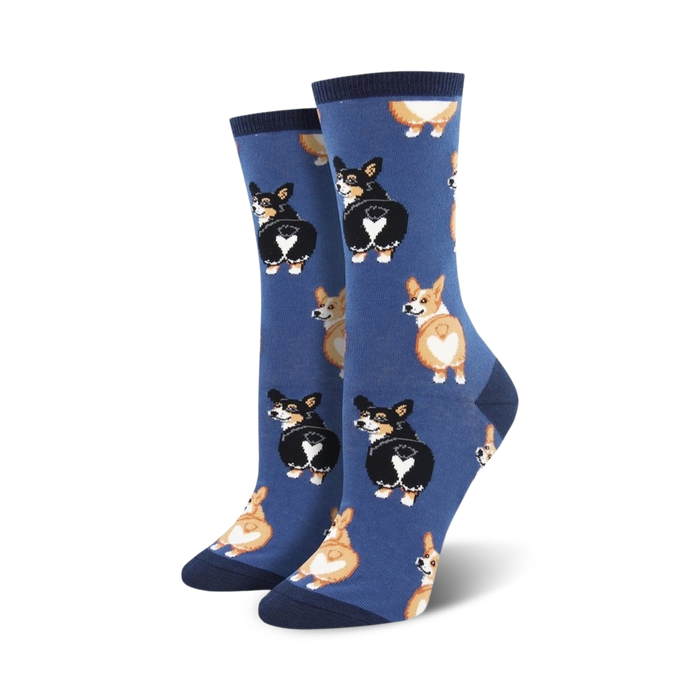 blue crew socks with cute pattern of facing corgi butts in black and tan colors. fun and unique dog-themed socks for women.  