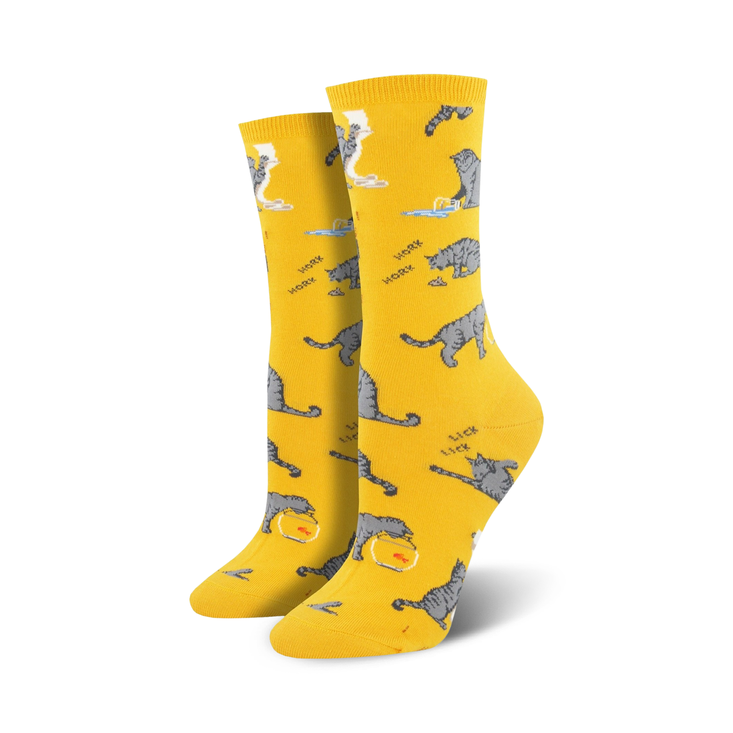 Pair of crew socks in yellow and light blue; featuring grey cats, fish bowls, and the words "Lick," "Work," "Sleep."
