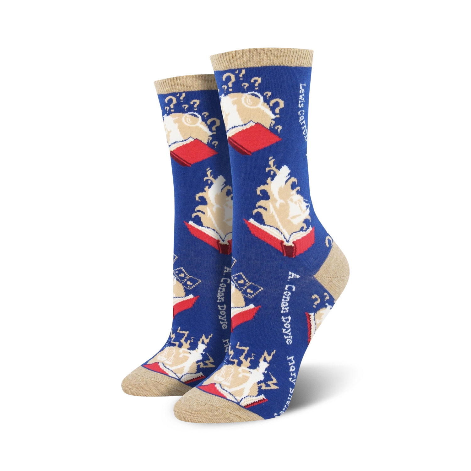 Pair of crew socks; blue and beige with a whimsical book and question mark design. 
