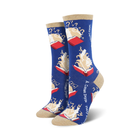 blue crew socks feature a book pattern. quotes from alice in wonderland printed on the socks.  