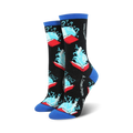 Close-up of a pair of black and blue 'Book Your Adventure' crew socks. The socks feature a design of a book with magical elements.