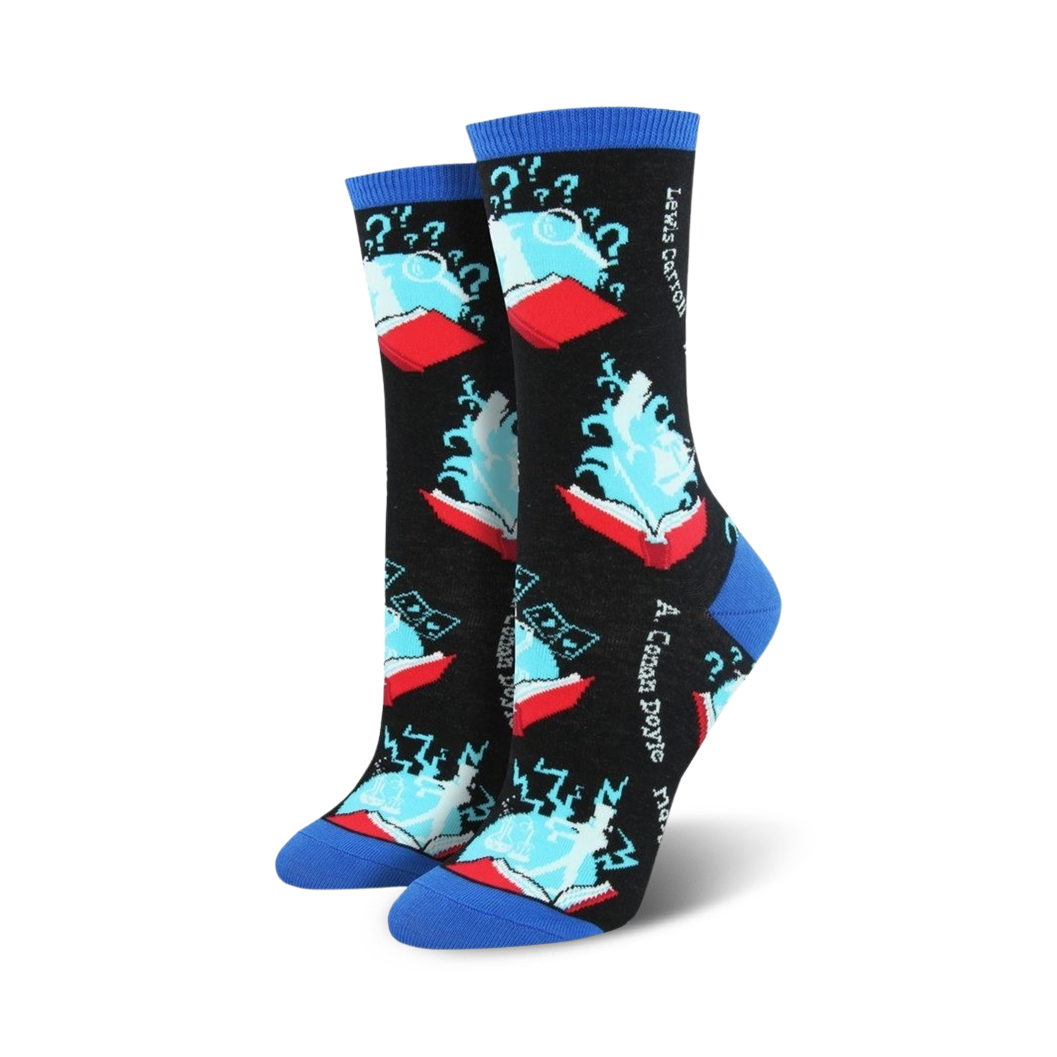 Close-up of a pair of black and blue 'Book Your Adventure' crew socks. The socks feature a design of a book with magical elements.