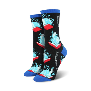 black crew socks with red books, blue mist, and a question mark pattern. art & literature theme. women's, one size fits most.  
