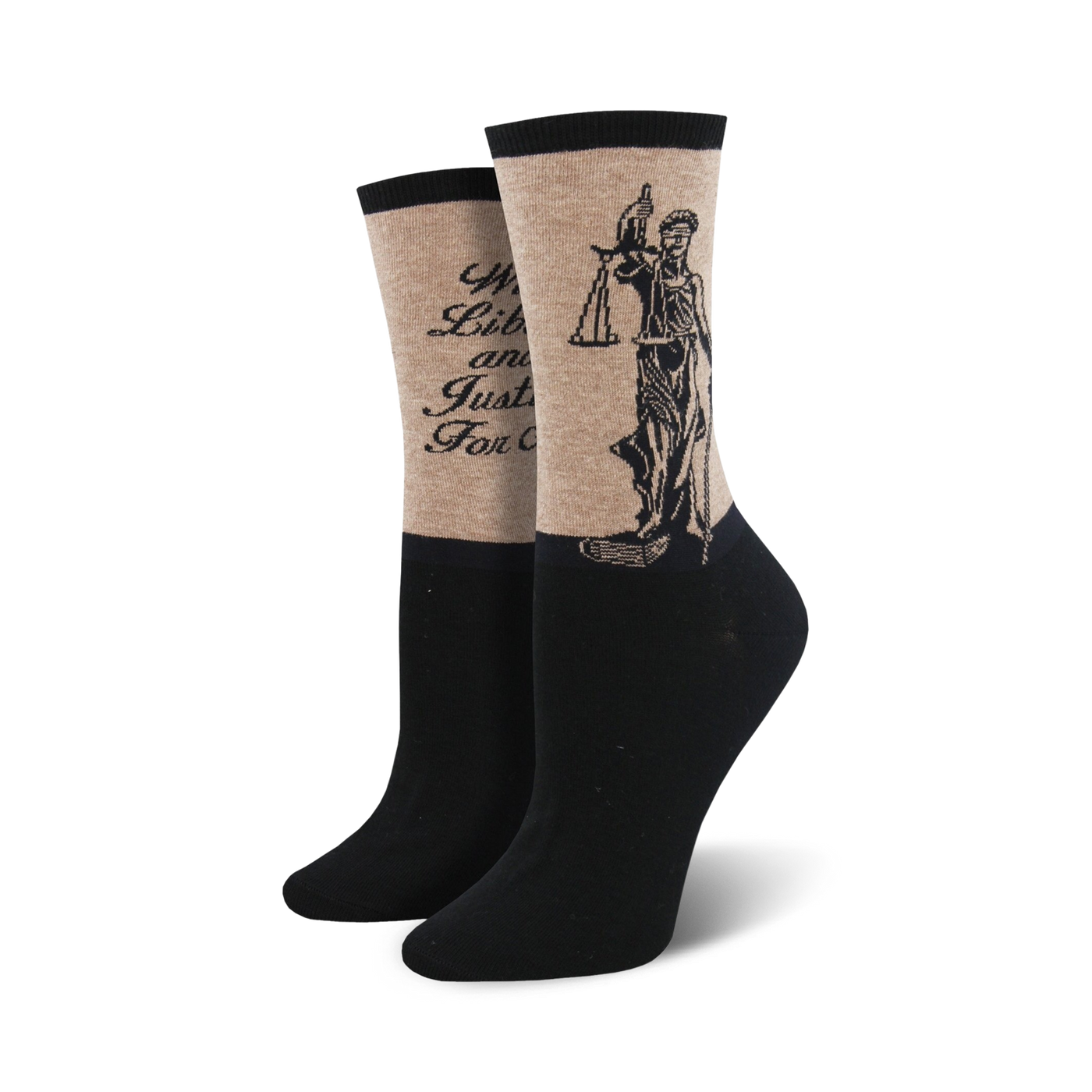 Pair of women's crew socks. Tan top with black-ink Lady Justice graphic and quote. Black bottom. 
