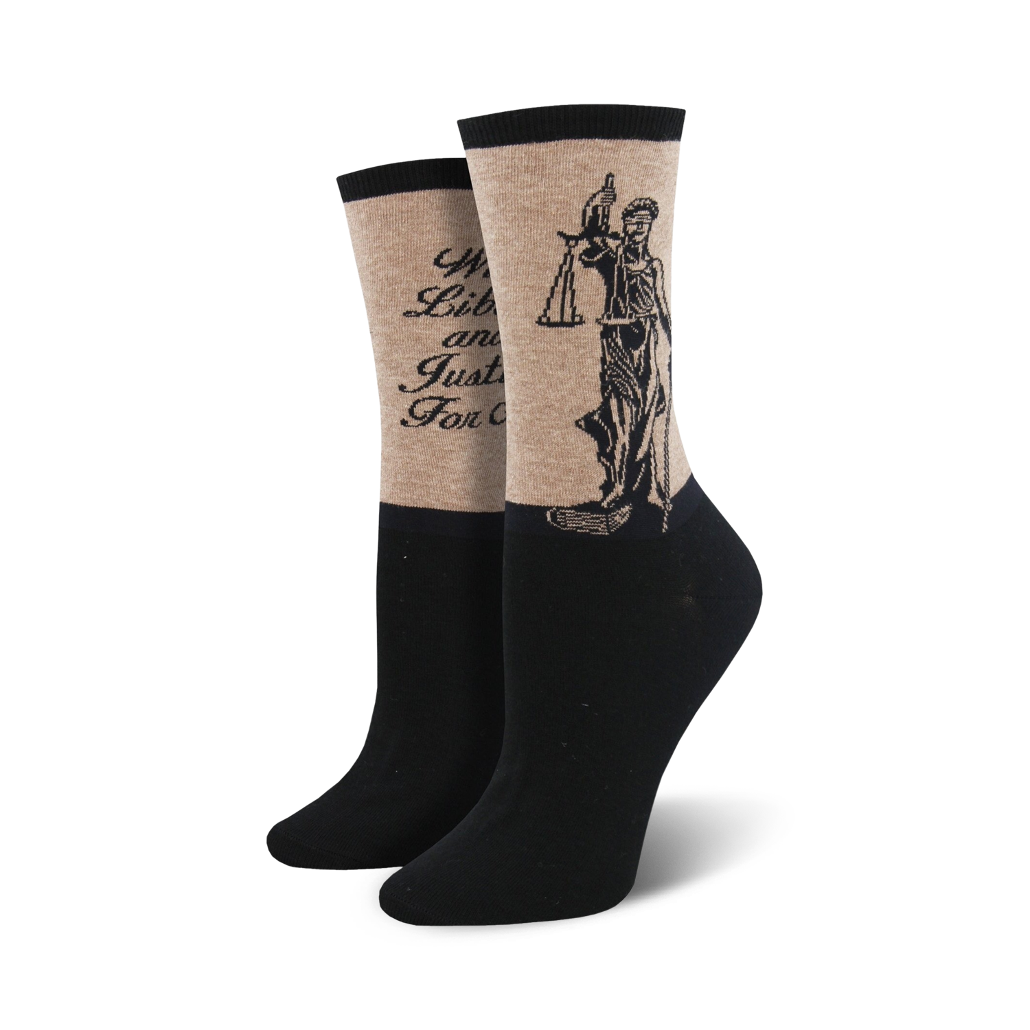 Pair of women's crew socks. Tan top with black-ink Lady Justice graphic and quote. Black bottom. 