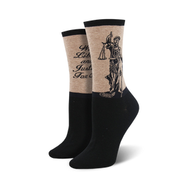 black and tan crew socks with lady justice pattern for women.   