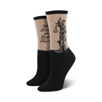 black and tan crew socks with lady justice pattern for women.   