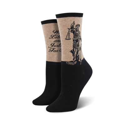 black and tan crew socks with lady justice pattern for women.   