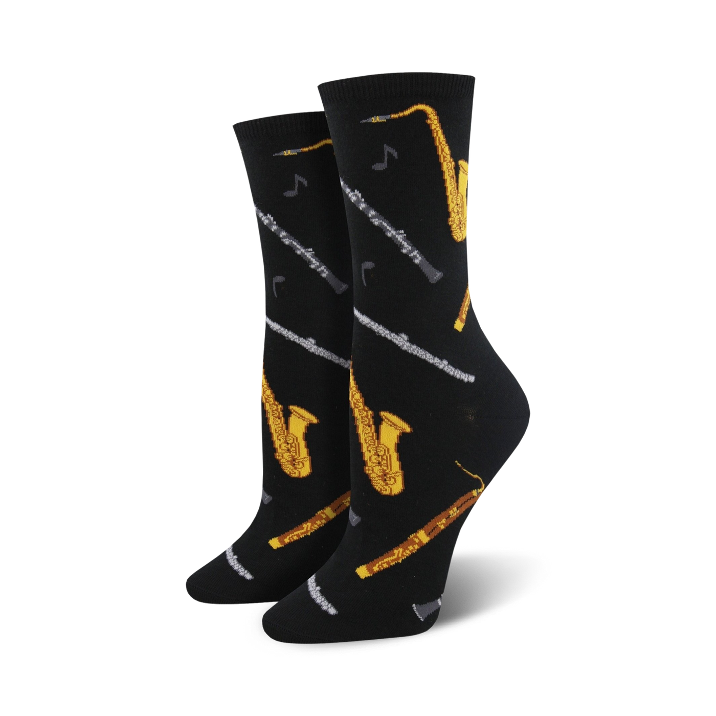 Pair of black crew socks adorned with gold saxophones, grey oboes and clarinets, and musical notes.