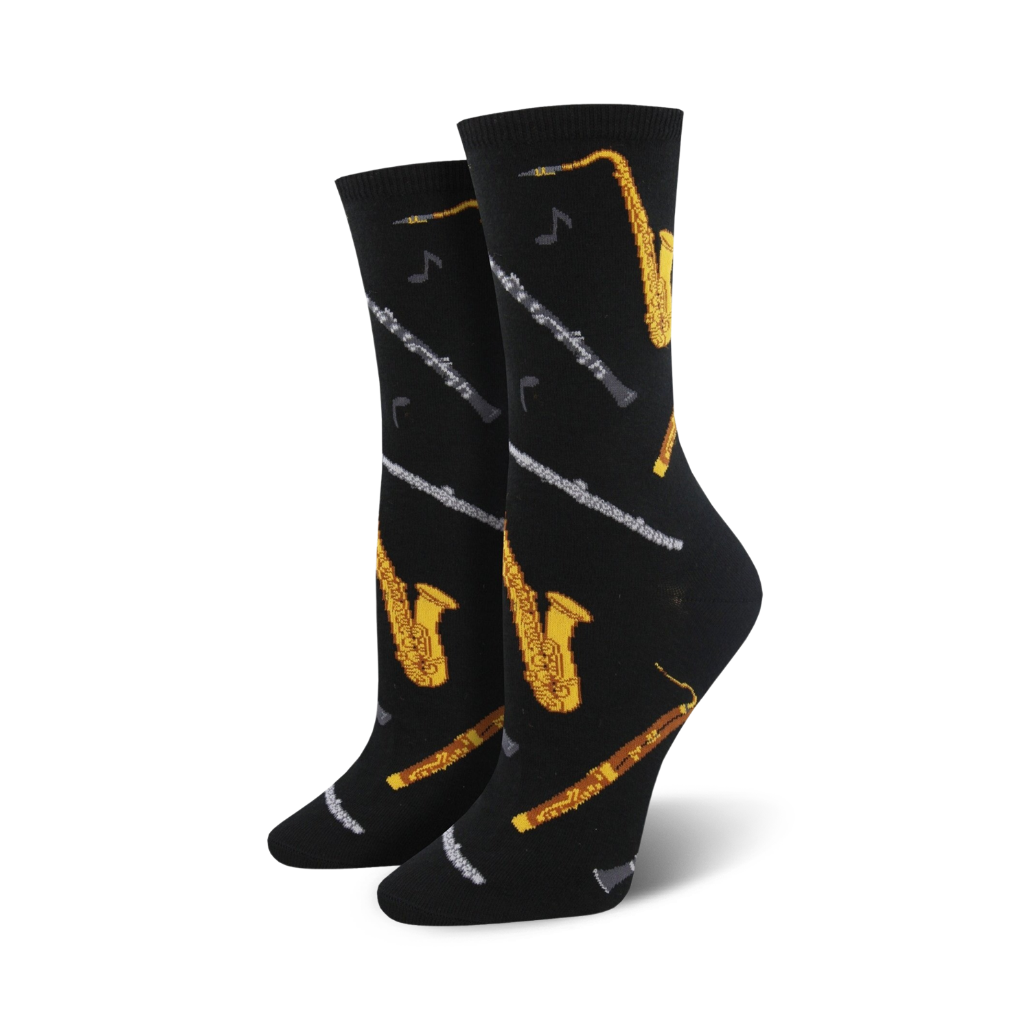 Pair of black crew socks adorned with gold saxophones, grey oboes and clarinets, and musical notes.