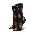 Pair of black crew socks with a repeating pattern of brown violins and musical notes.  Fun and quirky design.