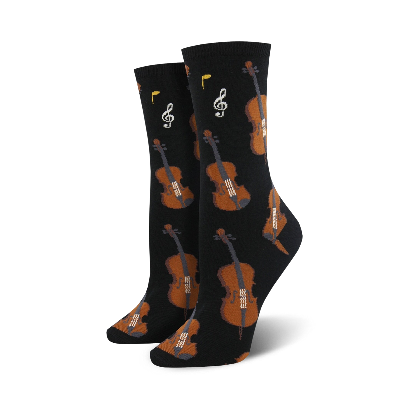 Pair of black crew socks with a repeating pattern of brown violins and musical notes.  Fun and quirky design.