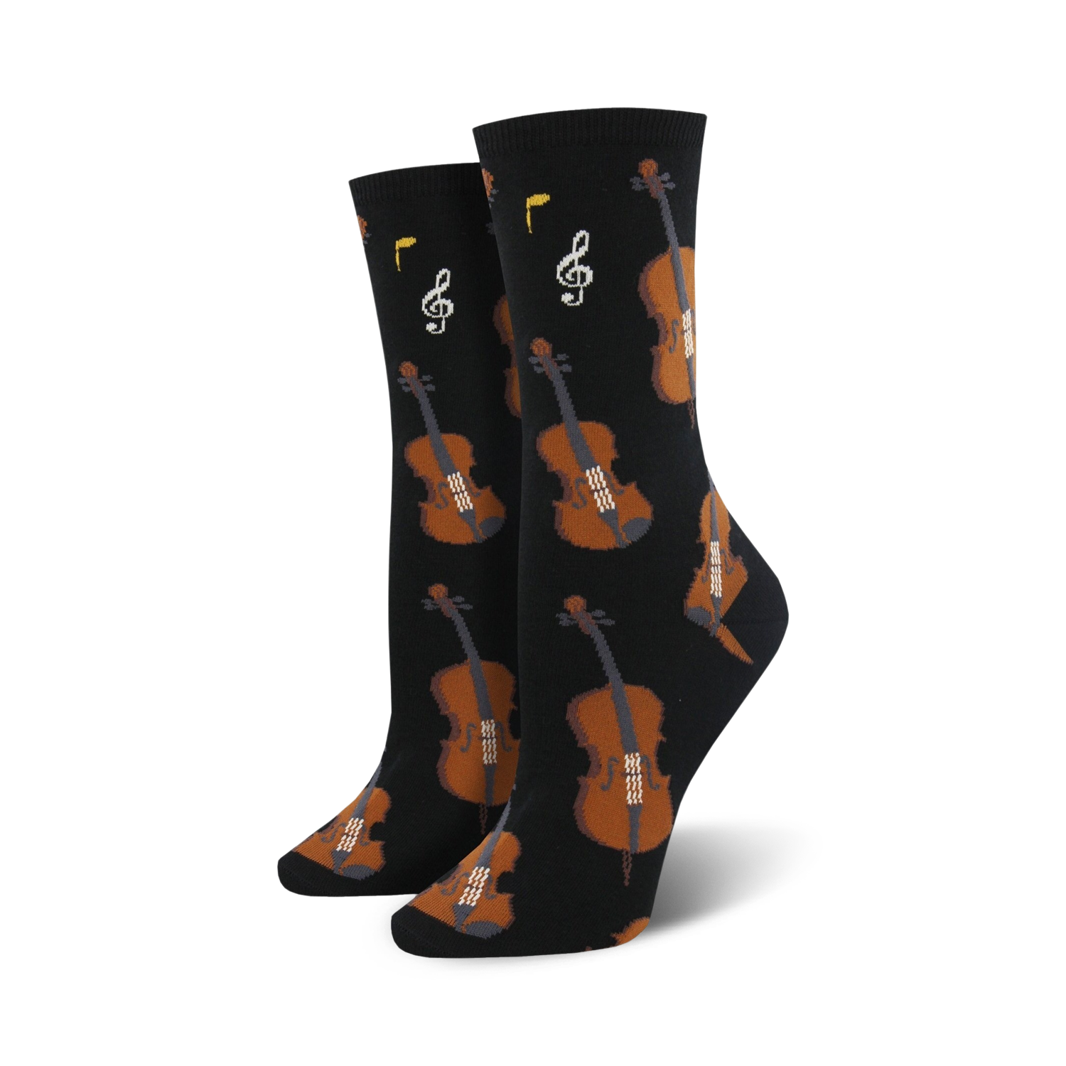 Pair of black crew socks with a repeating pattern of brown violins and musical notes.  Fun and quirky design.