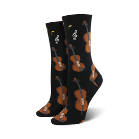 black women's crew socks with musical notes and violin pattern.  