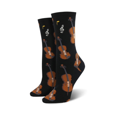 black women's crew socks with musical notes and violin pattern.  