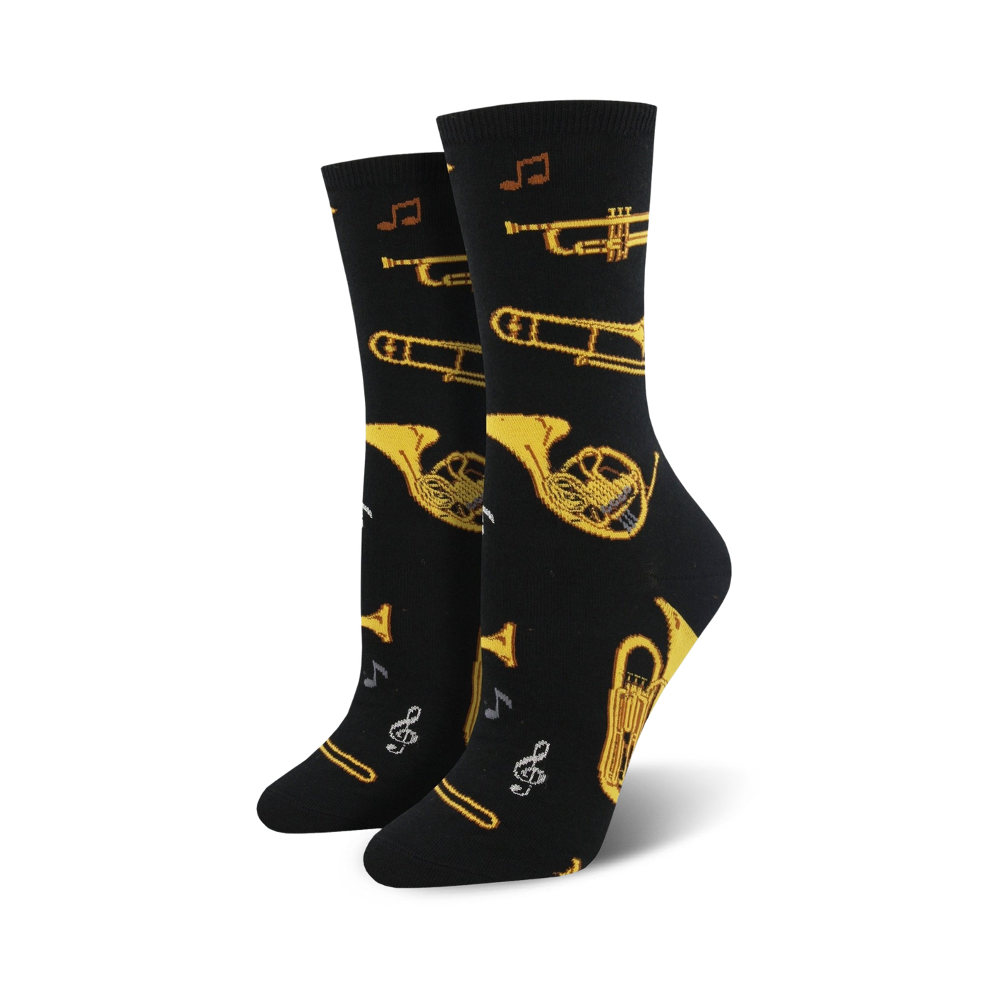 Pair of black crew socks with gold brass instruments and musical notes.  Fun and stylish!