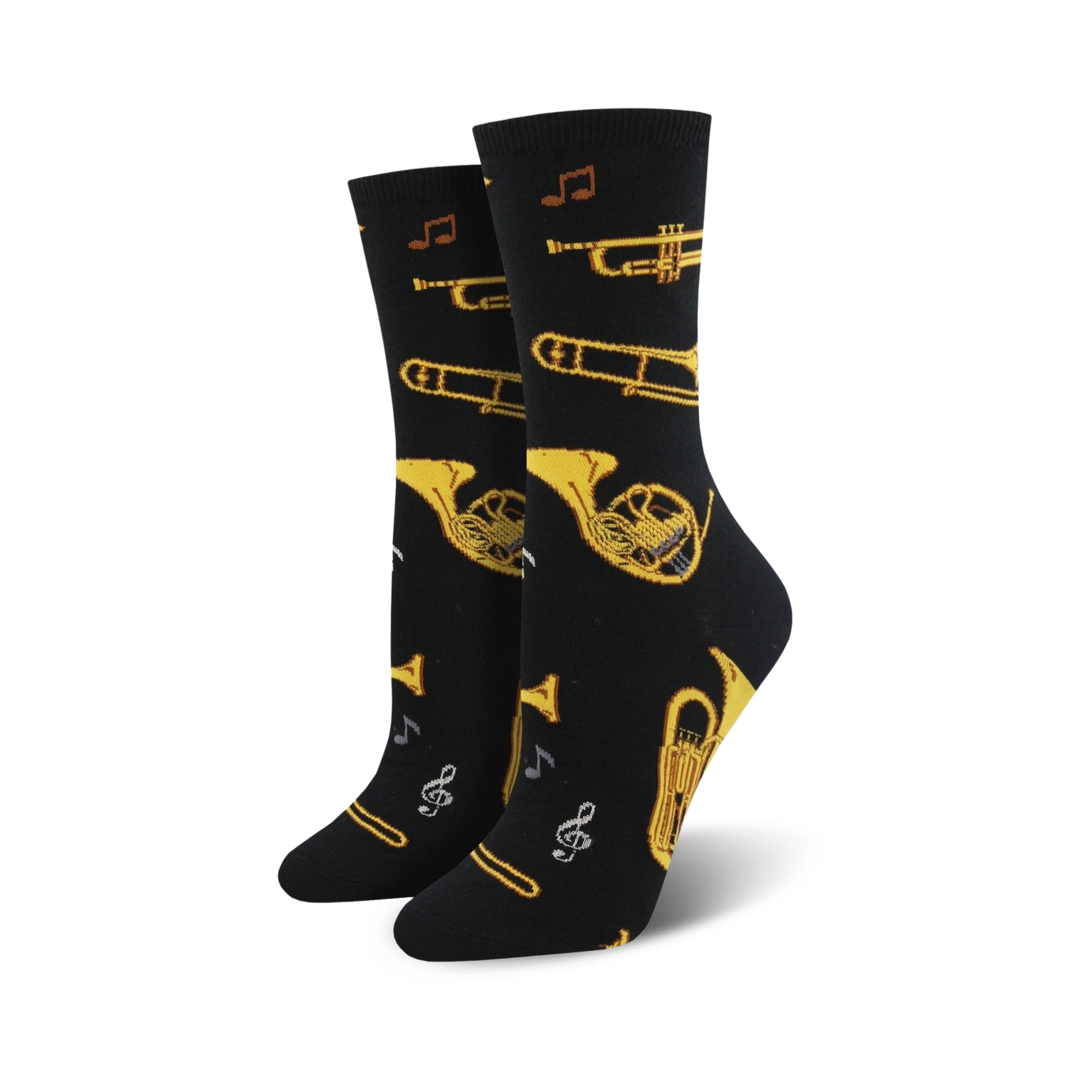 Pair of black crew socks with gold brass instruments and musical notes.  Fun and stylish!