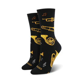womens' brass music note, trombone, trumpet, and french horn pattern crew socks in black with gold and gray design.  