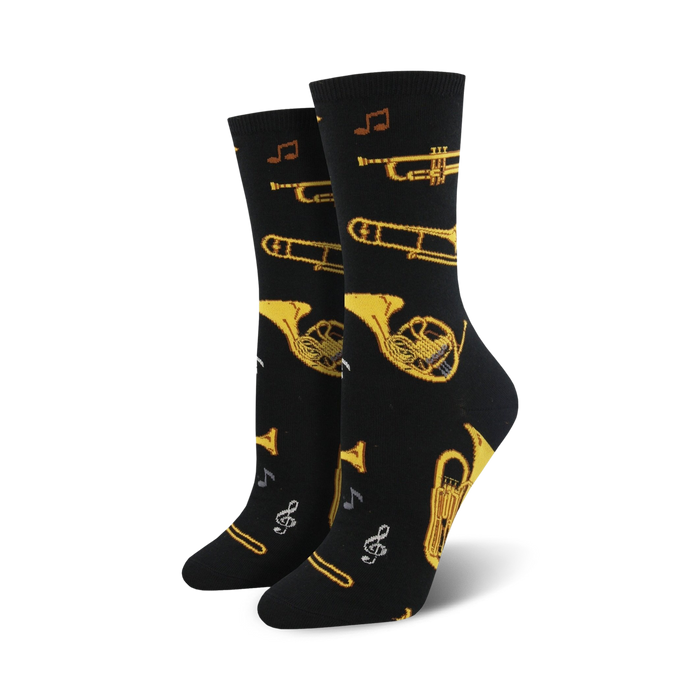 womens' brass music note, trombone, trumpet, and french horn pattern crew socks in black with gold and gray design.   }}