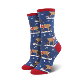 winter reindeer christmas themed womens blue novelty crew socks