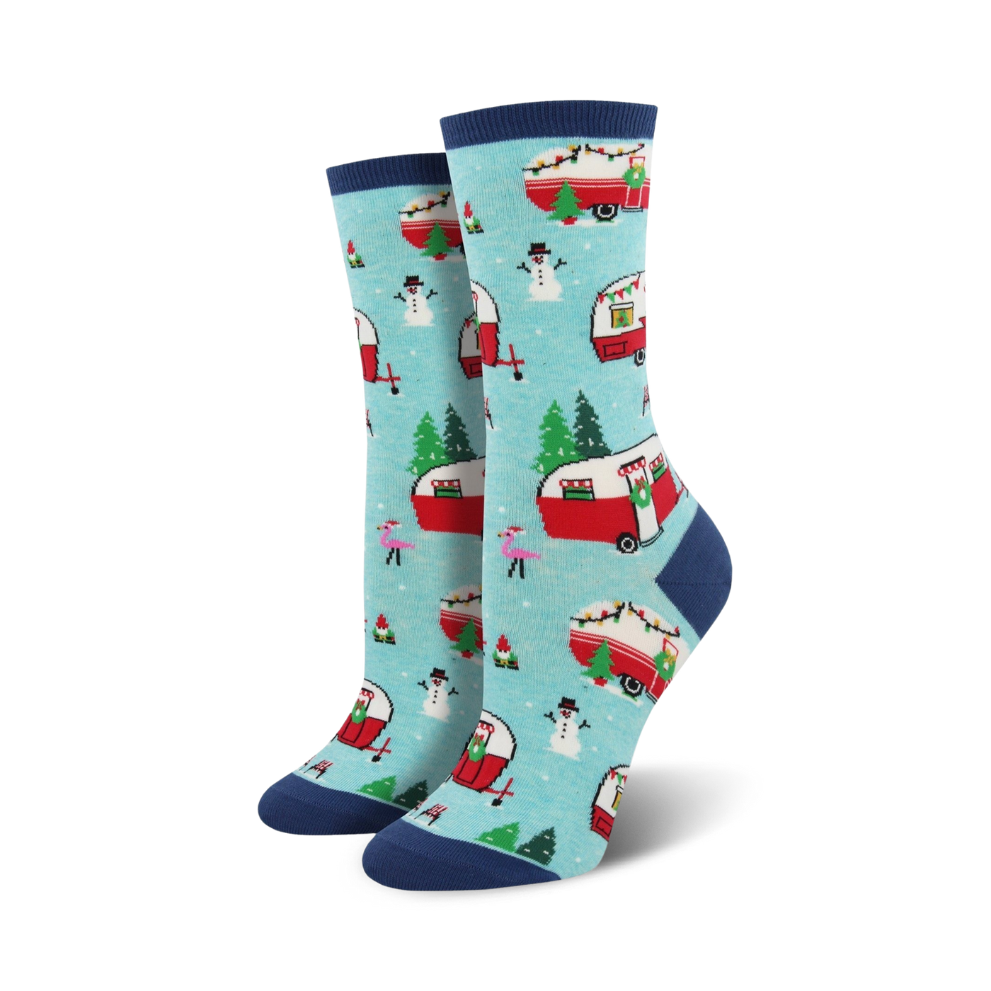 Pair of crew socks in teal and navy blue. Features a pattern of red camper vans decorated for Christmas, snowmen, and pink flamingos.