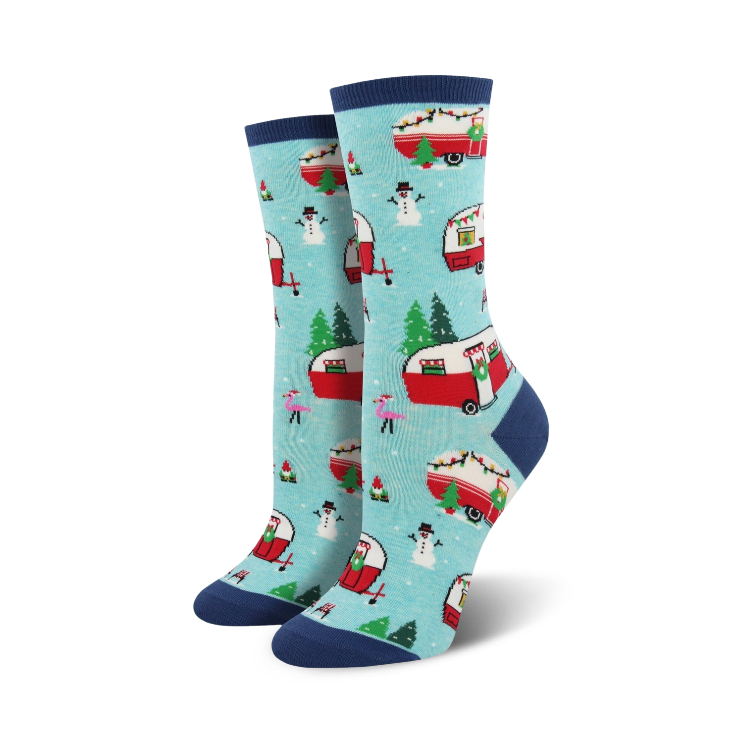 Pair of crew socks in teal and navy blue. Features a pattern of red camper vans decorated for Christmas, snowmen, and pink flamingos.