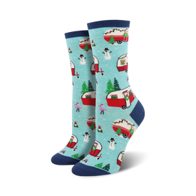 womens christmas campers crew socks: blue socks with red/white campers, green wreaths, snowmen, flamingos, christmas trees, and presents.  