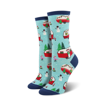 christmas campers christmas themed womens blue novelty crew socks
