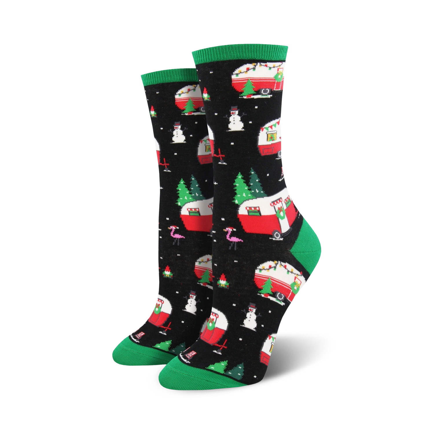 Lifestyle shot showing the Christmas Camper socks on a model's feet, highlighting their fit and fun design.