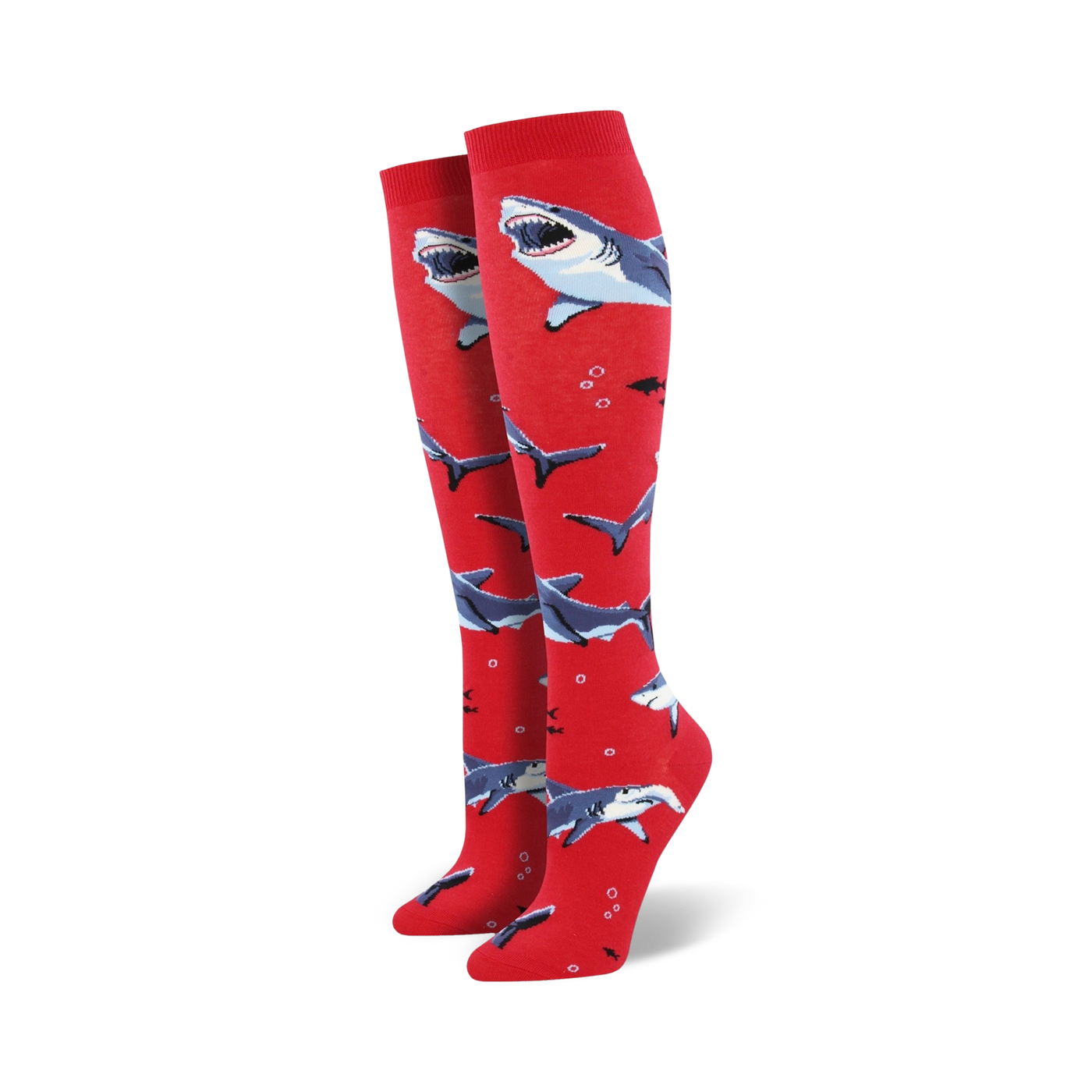 Pair of red knee-high socks with a pattern of gray sharks and small bubbles.  Fun and playful design.