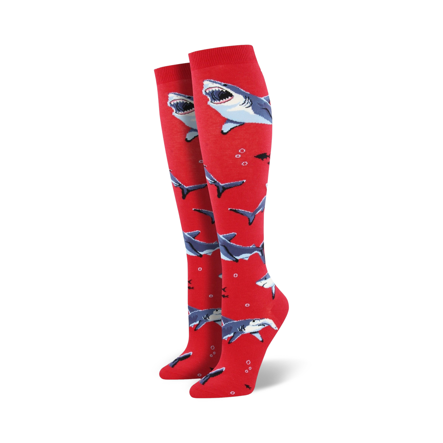 Pair of red knee-high socks with a pattern of gray sharks and small bubbles.  Fun and playful design.