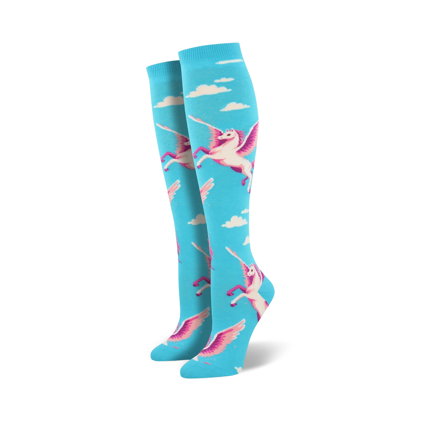 Pair of women's knee-high socks. Light blue background with white and pink pegasus designs and white clouds.
