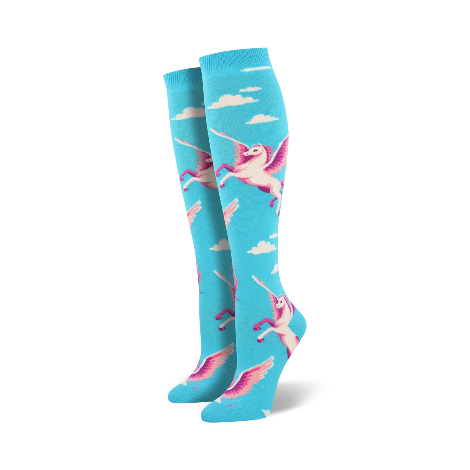 Pair of women's knee-high socks. Light blue background with white and pink pegasus designs and white clouds.
