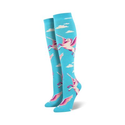 womens knee-high pegasus socks with pink and white cartoon pegasus horses against a blue sky.   