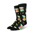 Pair of black crew socks with a whimsical all-over print of colorful sandwiches. The sandwiches feature lettuce, tomato, and meat.