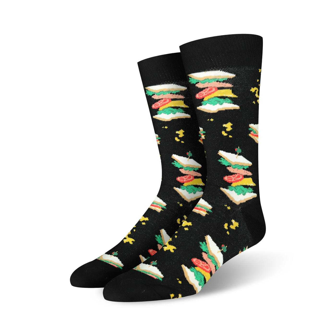 Pair of black crew socks with a whimsical all-over print of colorful sandwiches. The sandwiches feature lettuce, tomato, and meat.