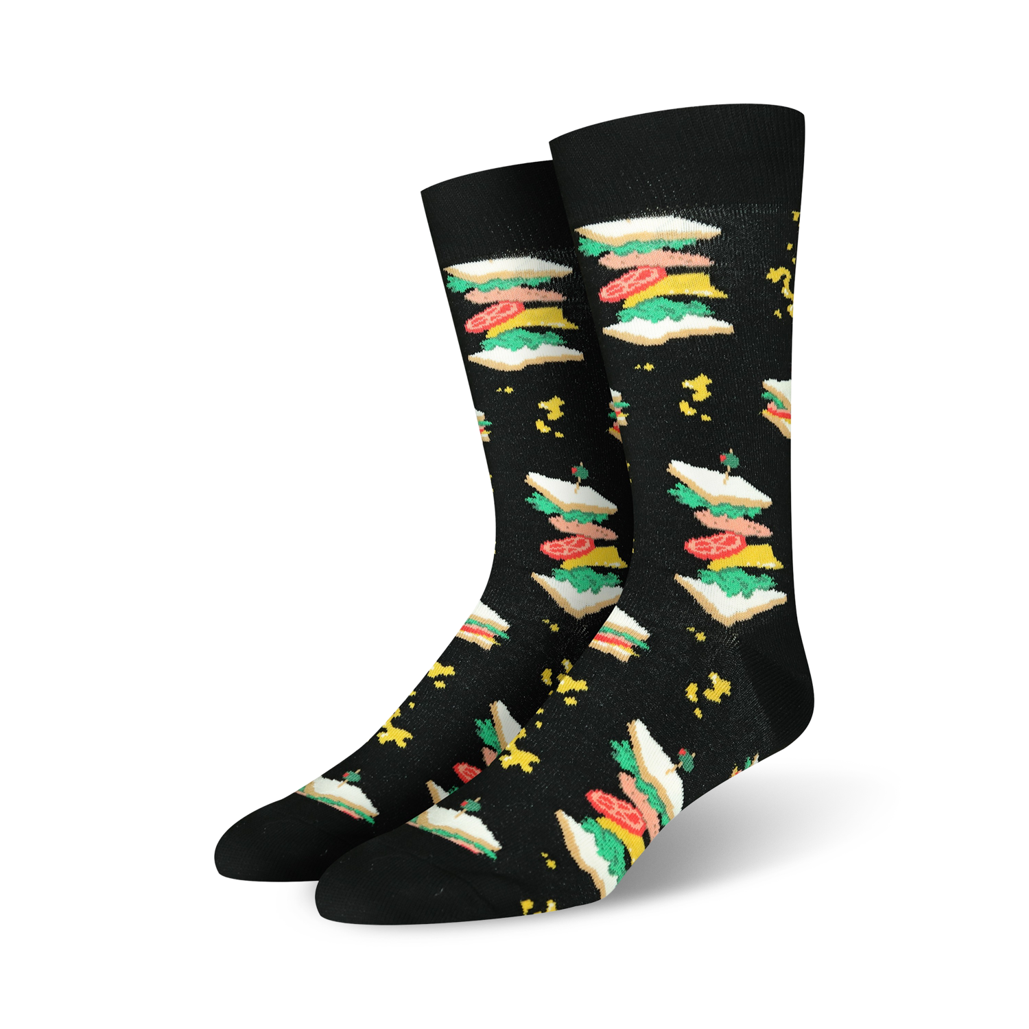 Pair of black crew socks with a whimsical all-over print of colorful sandwiches. The sandwiches feature lettuce, tomato, and meat.