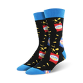 A pair of crew socks with a black background and a fun design of potato chips and chip bags. The socks have bright blue cuffs.