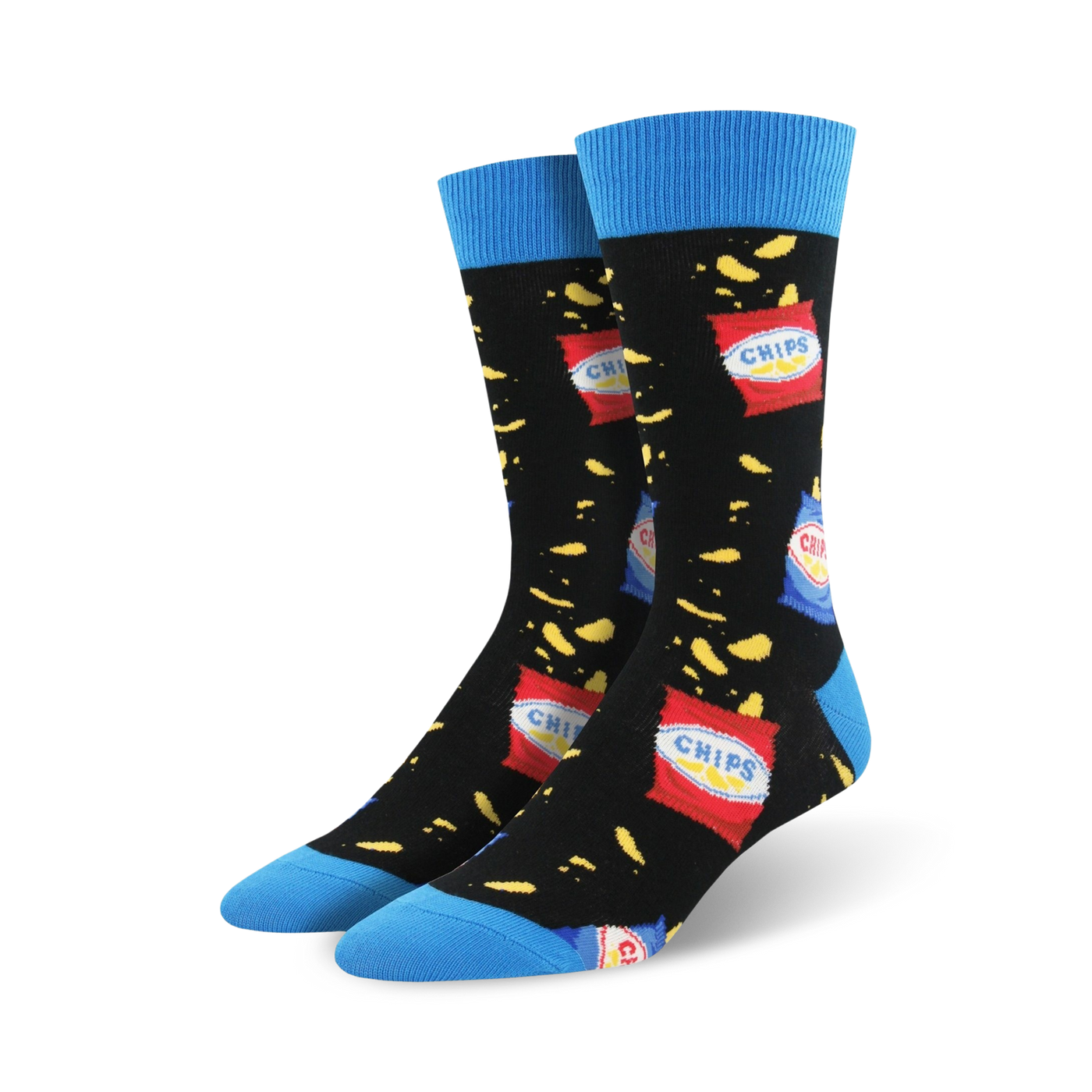 A pair of crew socks with a black background and a fun design of potato chips and chip bags. The socks have bright blue cuffs.