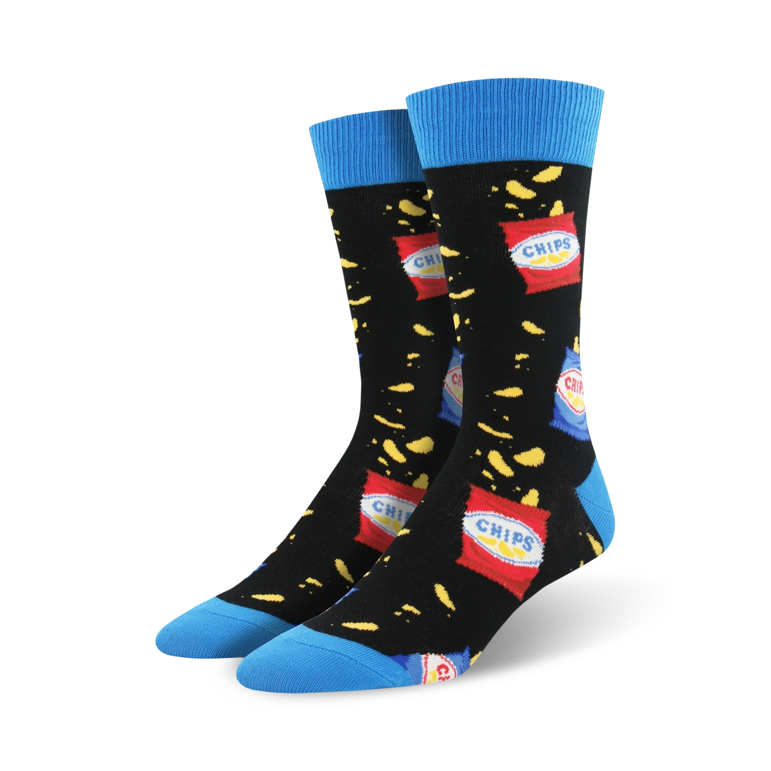 A pair of crew socks with a black background and a fun design of potato chips and chip bags. The socks have bright blue cuffs.
