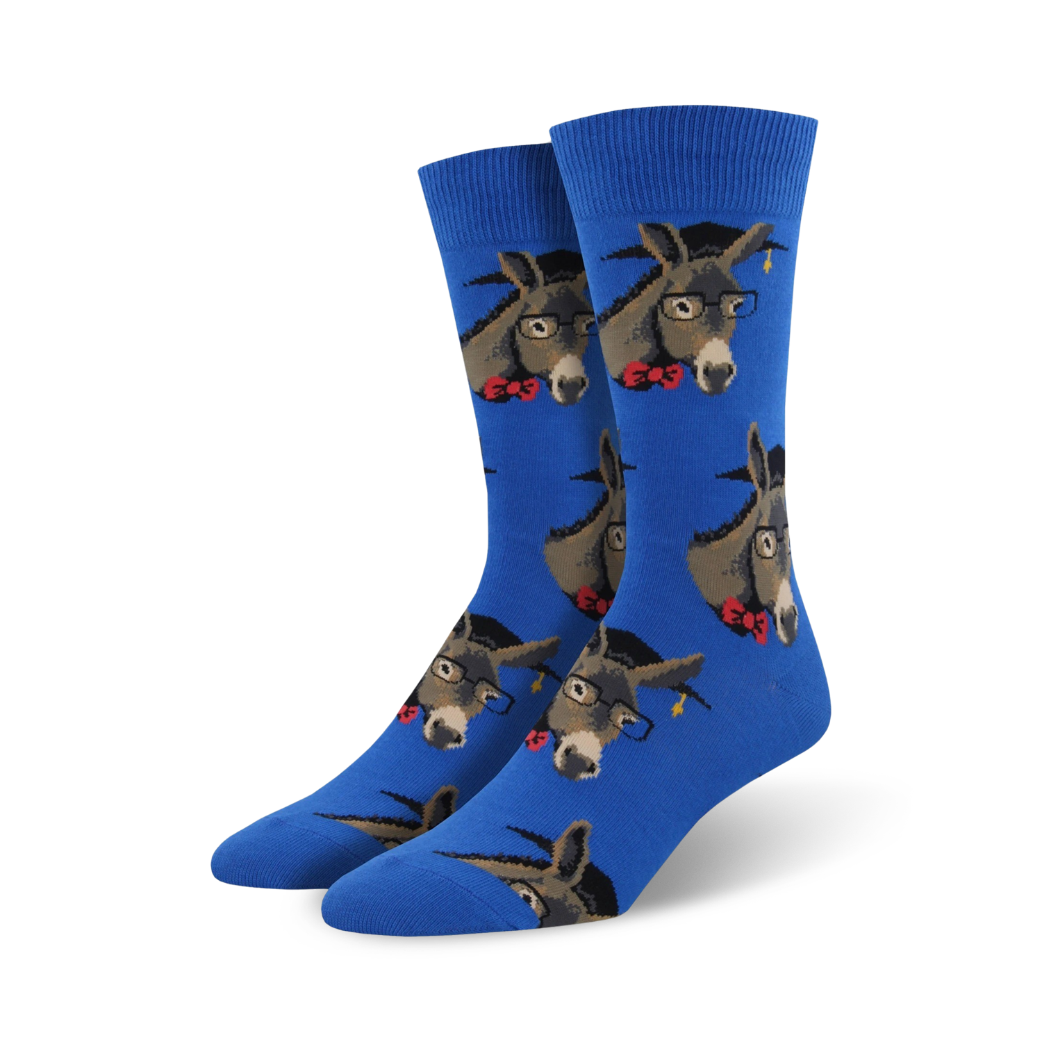 Pair of crew socks; blue background, donkeys wearing glasses and graduation caps, red bow ties.