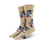 Pair of tan crew socks with the same donkey design; shown on a white background.