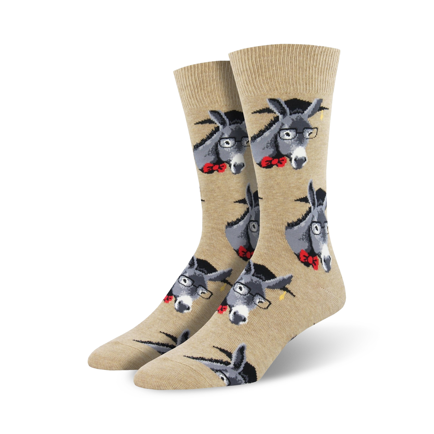 Pair of tan crew socks with the same donkey design; shown on a white background.
