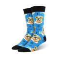Pair of blue crew socks featuring adorable dogs in lab coats and glasses, alongside beakers, atoms, and DNA strands.